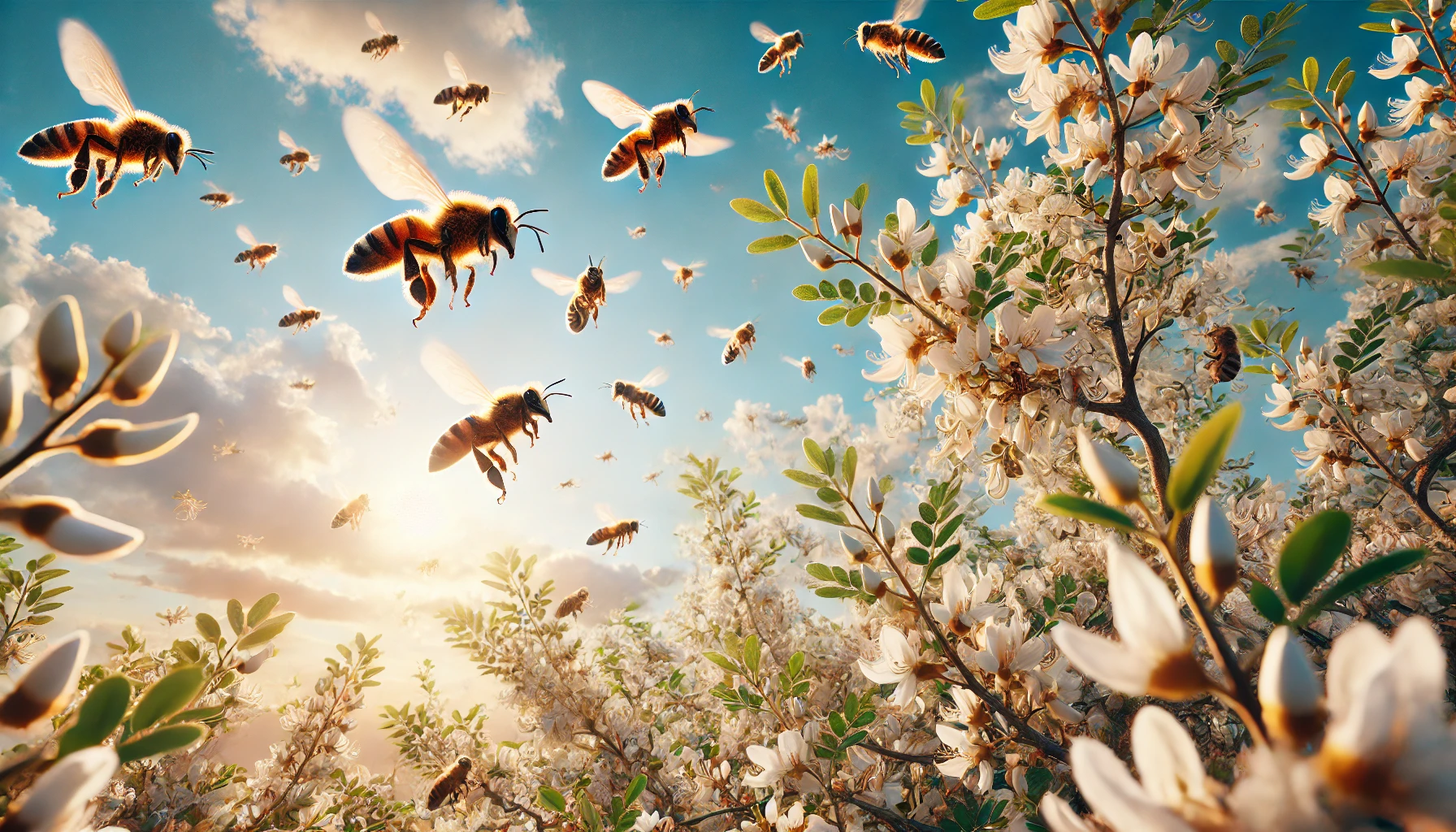 Photorealistic image of bees flying around the branches of an acacia tree in full bloom, with a vibrant sky, clouds, and sunlight as the background.